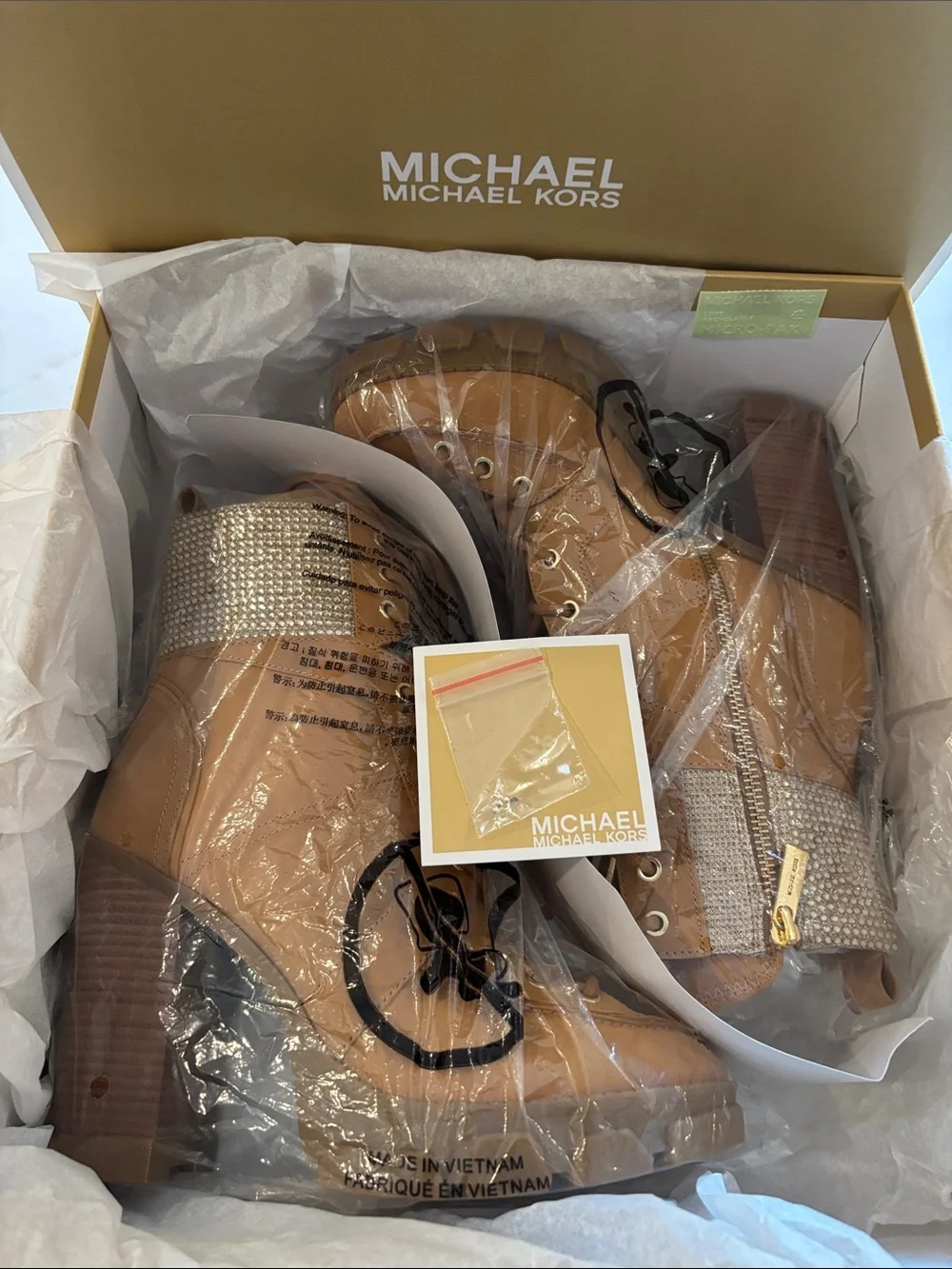 Michael Kors Tan Lace-Up Block Heel Boots with Jeweled Cuff